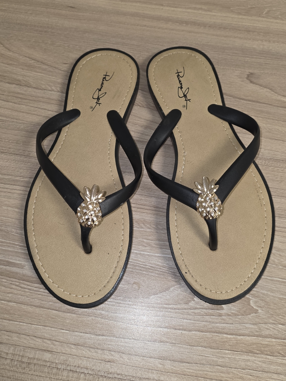 Panama Jack Black Thong Sandals with Gold Pineapple Charm